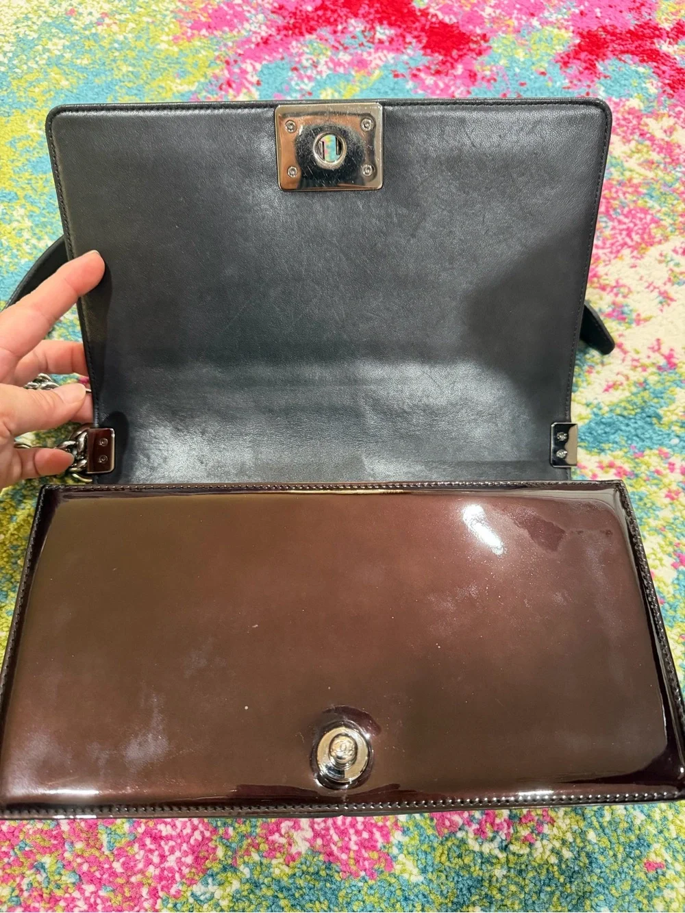 CHANEL Quilted Patent Leather Shoulder Bag in Dark Brown - Picture 4 of 5